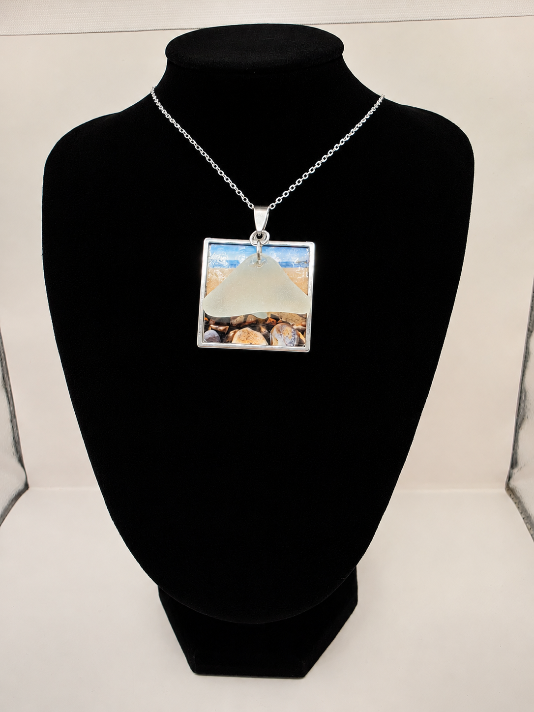 Real Sea Glass Pendant Necklace with Found Location Beach Photo, Stainless Steel Chain and Bezel