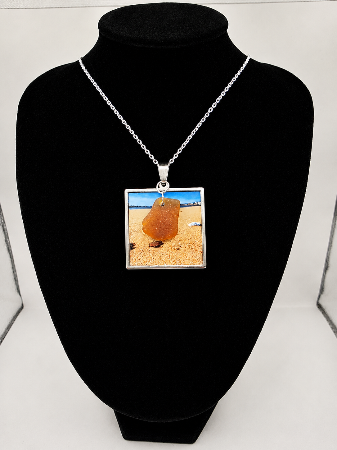 Real Sea Glass Pendant Necklace with Found Location Beach Photo, Stainless Steel Chain and Bezel