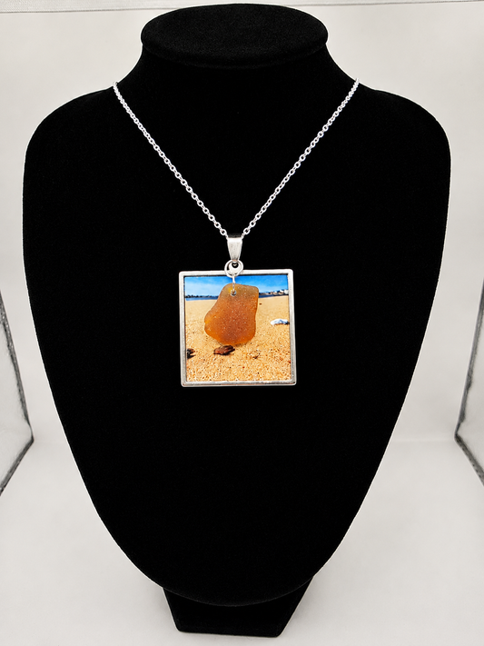 Real Sea Glass Pendant Necklace with Found Location Beach Photo, Stainless Steel Chain and Bezel
