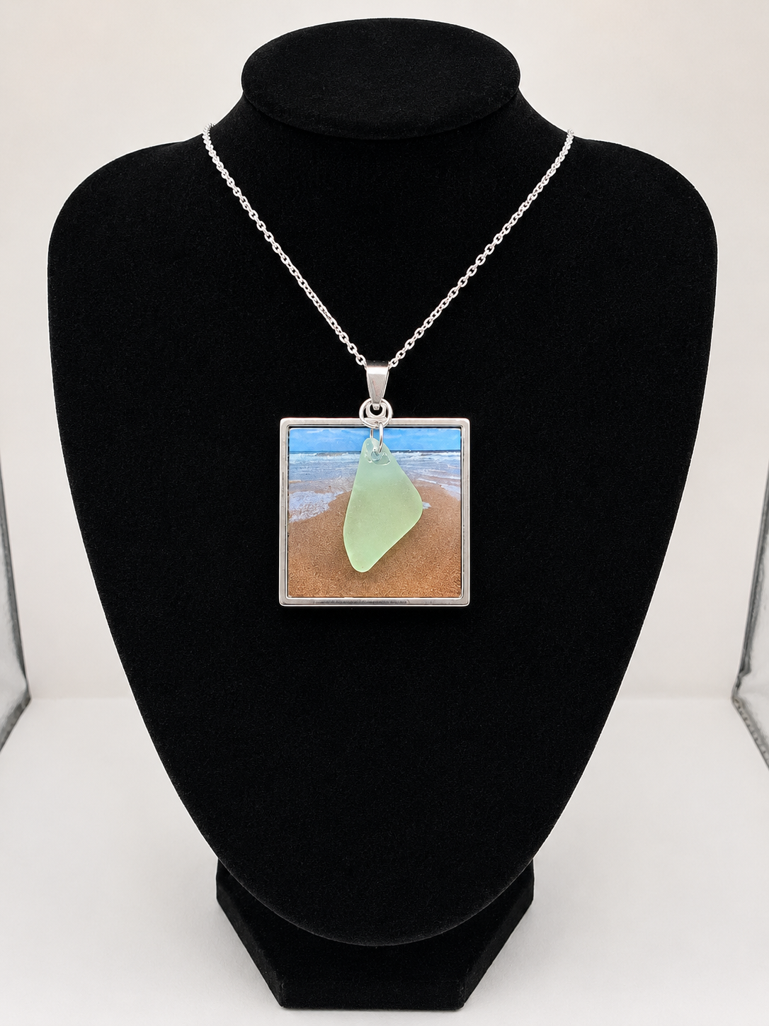 Real Sea Glass Pendant Necklace with Found Location Beach Photo, Stainless Steel Chain and Bezel