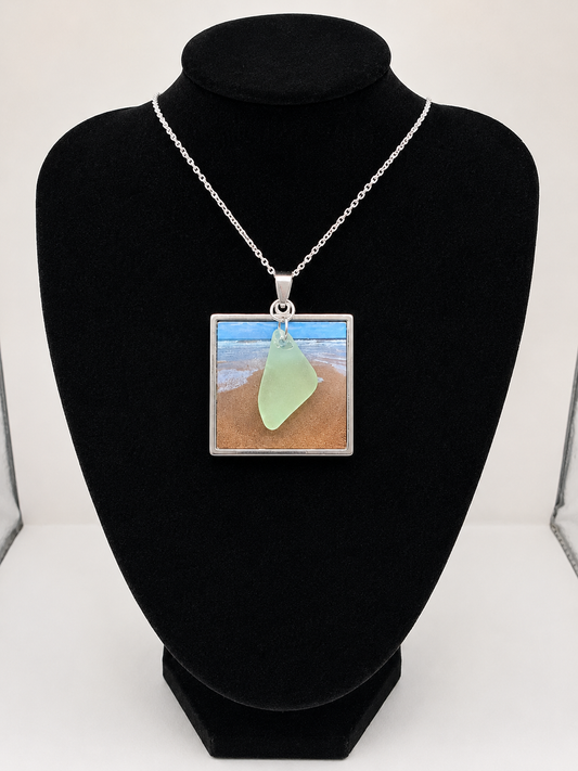 Real Sea Glass Pendant Necklace with Found Location Beach Photo, Stainless Steel Chain and Bezel