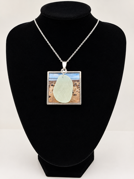 Real Sea Glass Pendant Necklace with Found Location Beach Photo, Stainless Steel Chain and Bezel