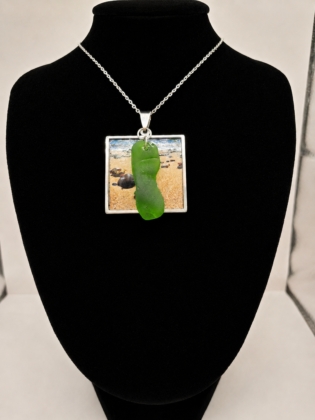 Real Sea Glass Pendant Necklace with Found Location Beach Photo, Stainless Steel Chain and Bezel