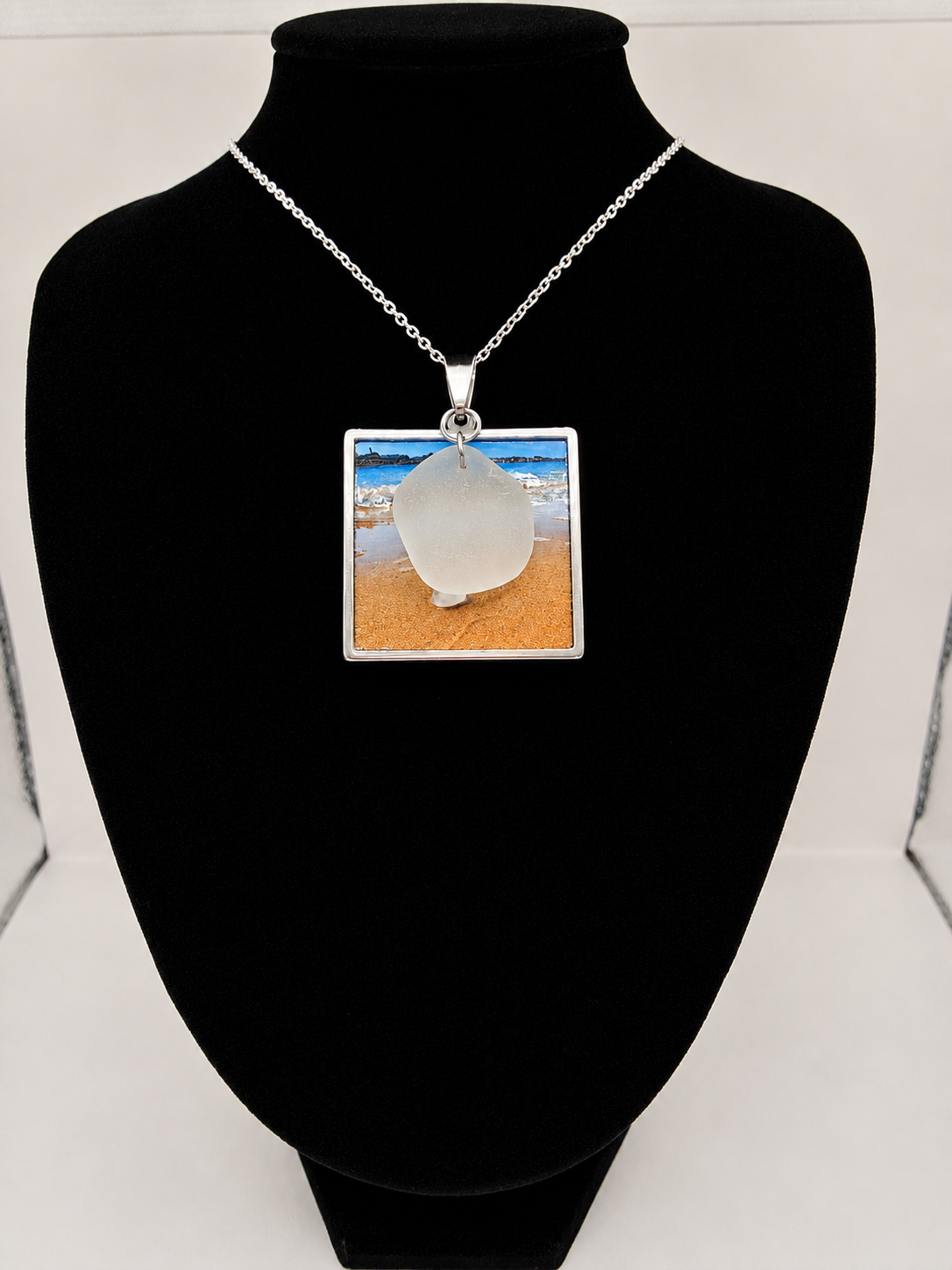 Real Sea Glass Pendant Necklace with Found Location Beach Photo, Stainless Steel Chain and Bezel