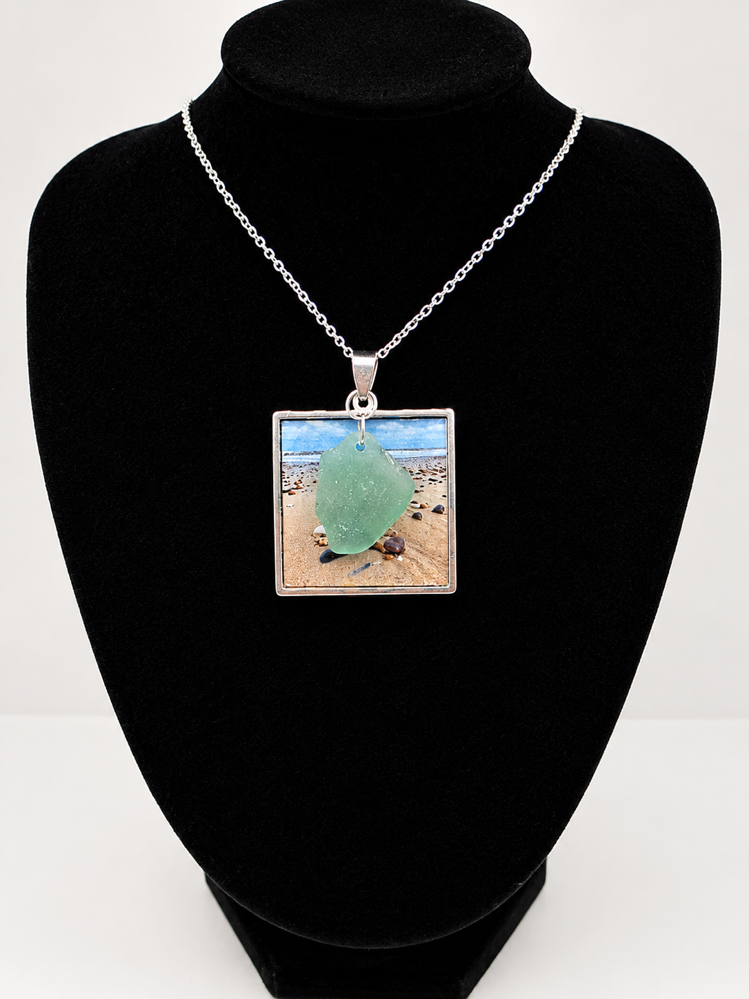 Real Sea Glass Pendant Necklace with Found Location Beach Photo, Stainless Steel Chain and Bezel