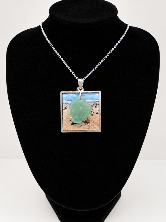 Real Sea Glass Pendant Necklace with Found Location Beach Photo, Stainless Steel Chain and Bezel