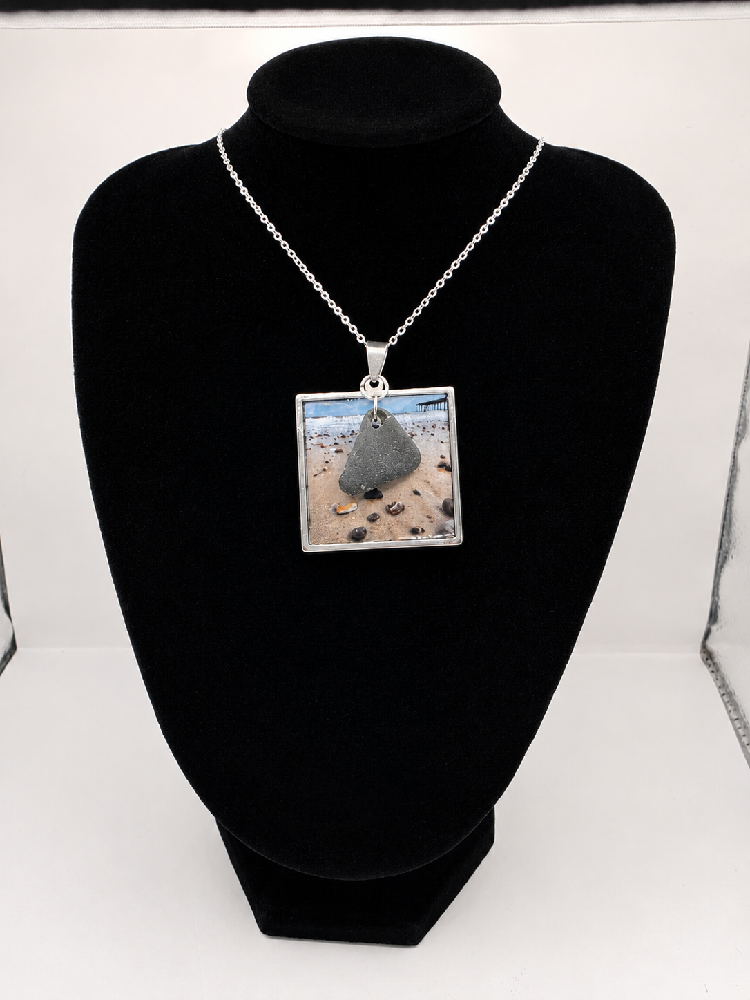 Real Sea Glass Pendant Necklace with Found Location Beach Photo, Stainless Steel Chain and Bezel
