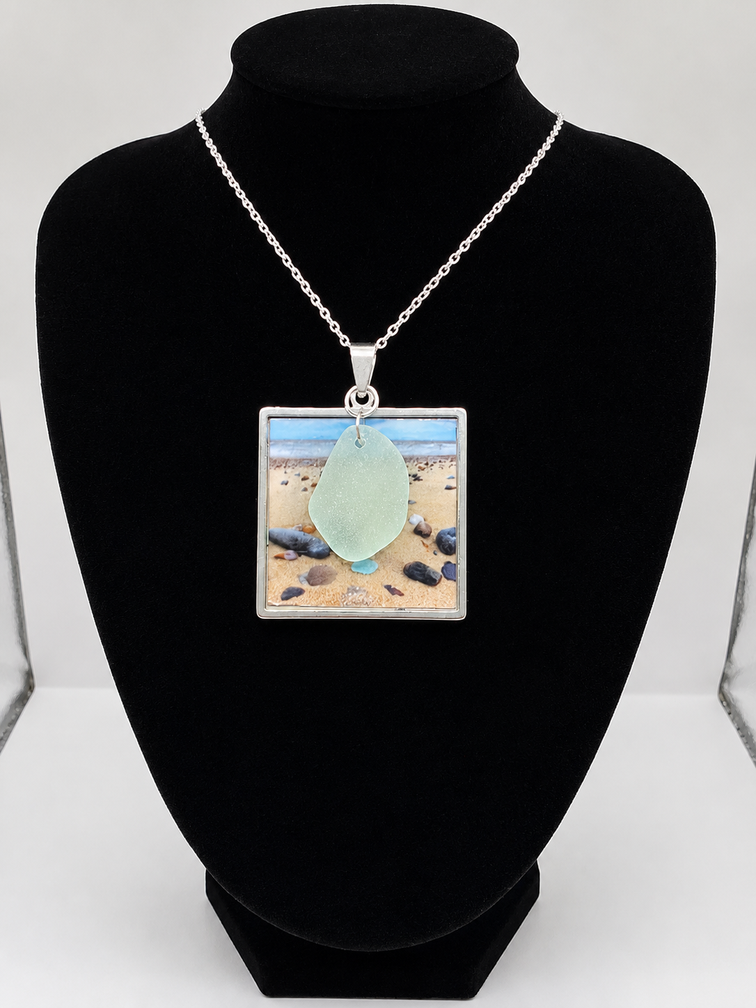 Real Sea Glass Pendant Necklace with Found Location Beach Photo, Stainless Steel Chain and Bezel