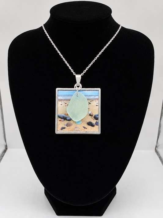 Real Sea Glass Pendant Necklace with Found Location Beach Photo, Stainless Steel Chain and Bezel