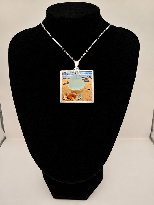 Real Sea Glass Pendant Necklace with Found Location Beach Photo, Stainless Steel Chain and Bezel