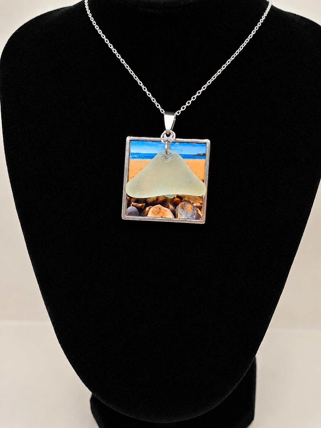 Real Sea Glass Pendant Necklace with Found Location Beach Photo, Stainless Steel Chain and Bezel