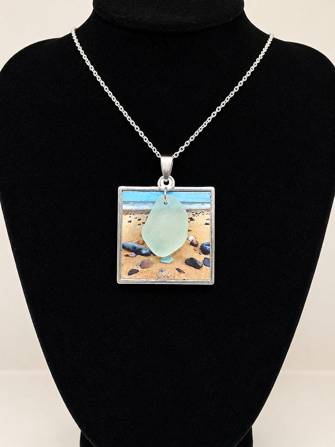 Real Sea Glass Pendant Necklace with Found Location Beach Photo, Stainless Steel Chain and Bezel