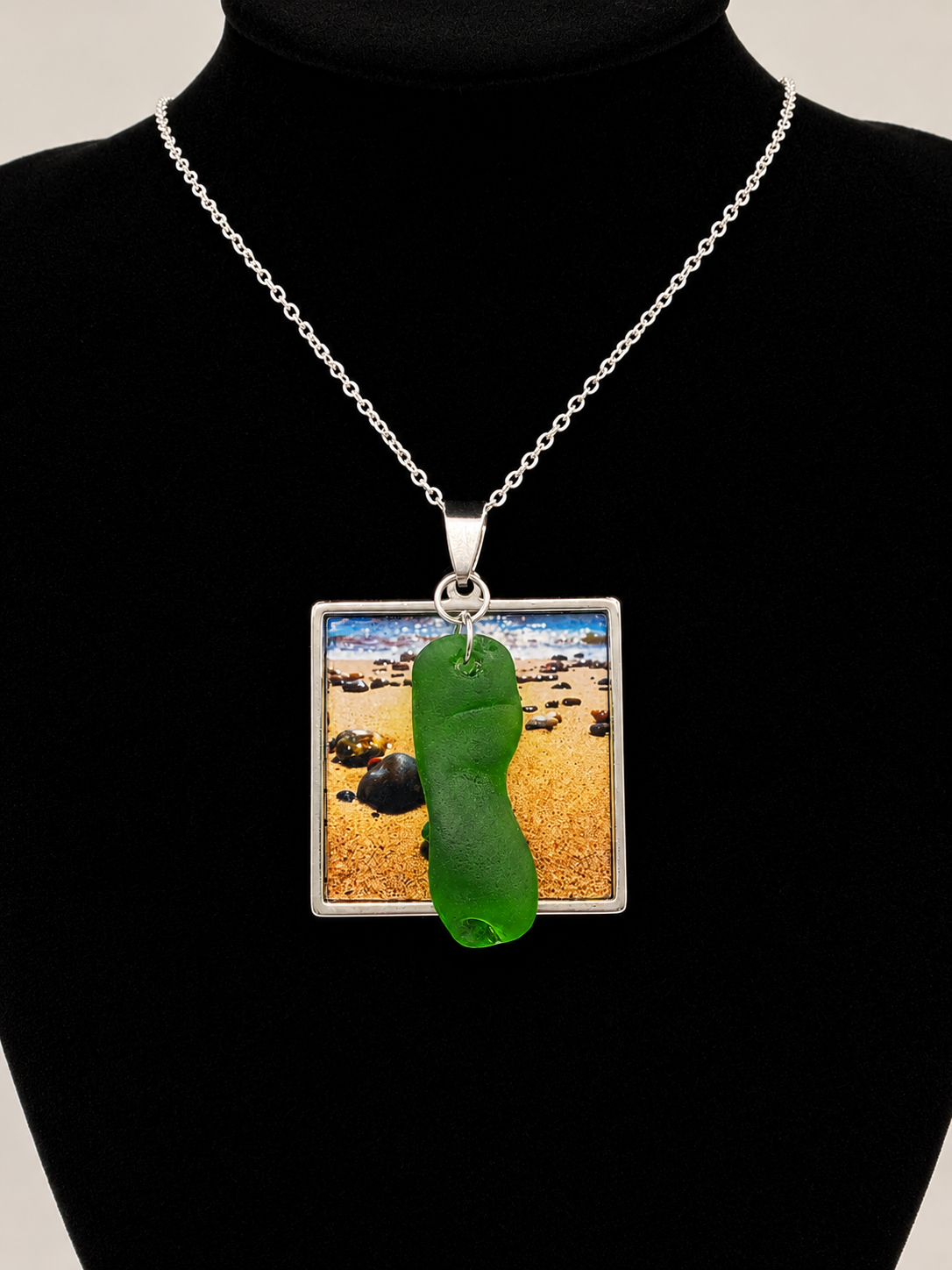 Real Sea Glass Pendant Necklace with Found Location Beach Photo, Stainless Steel Chain and Bezel