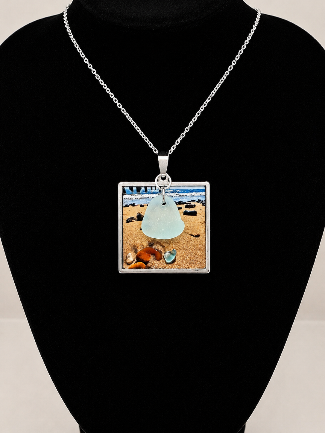 Real Sea Glass Pendant Necklace with Found Location Beach Photo, Stainless Steel Chain and Bezel