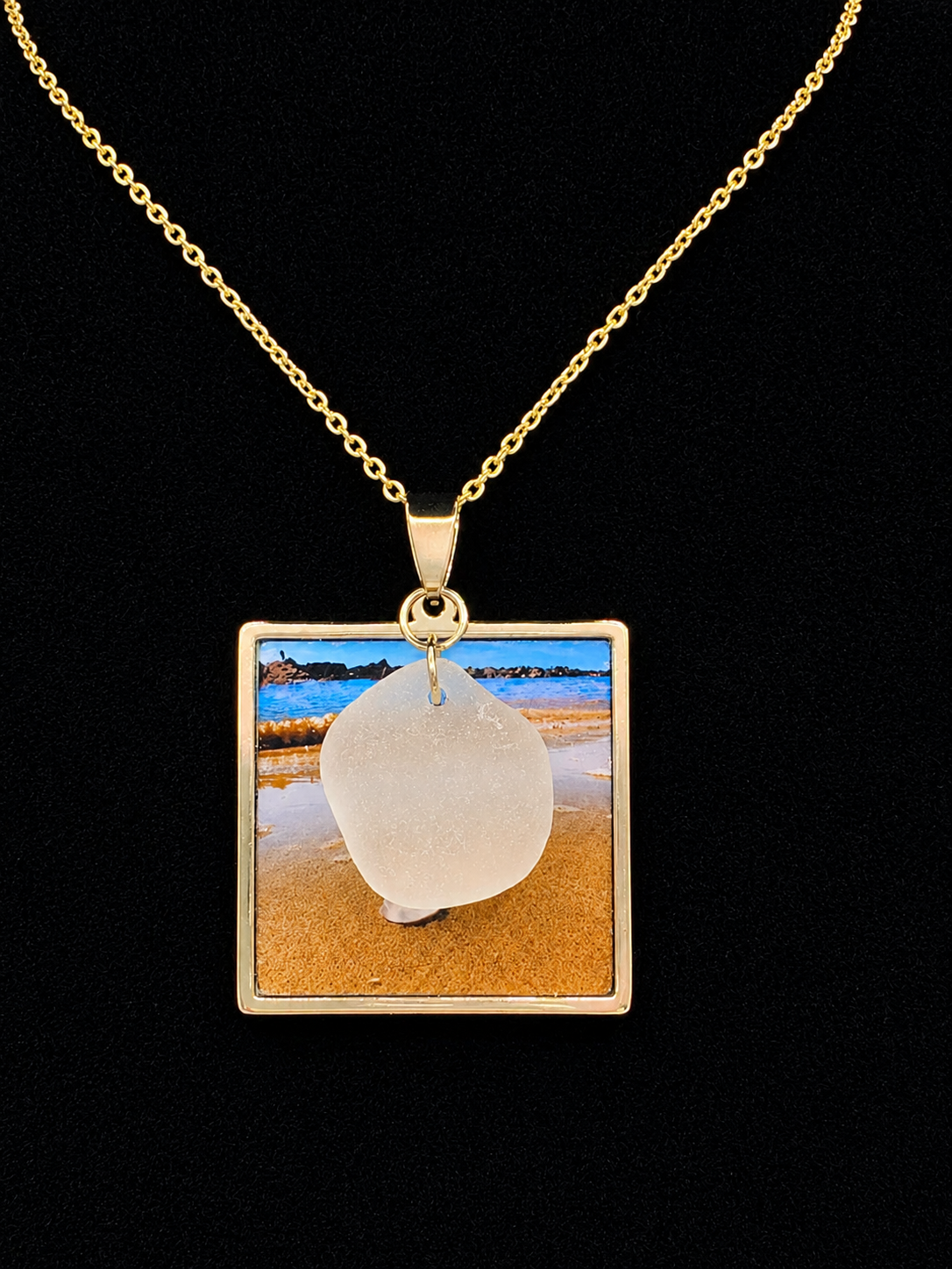 Real Sea Glass Pendant Necklace with Found Location Beach Photo, Stainless Steel Chain and Bezel