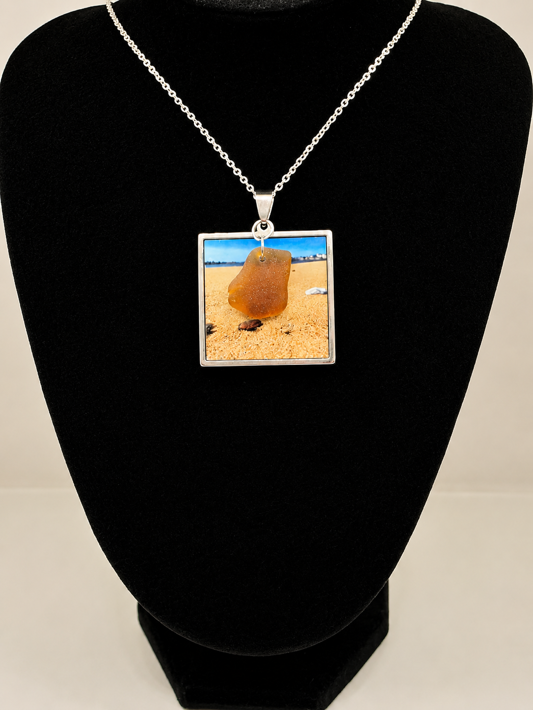 Real Sea Glass Pendant Necklace with Found Location Beach Photo, Stainless Steel Chain and Bezel
