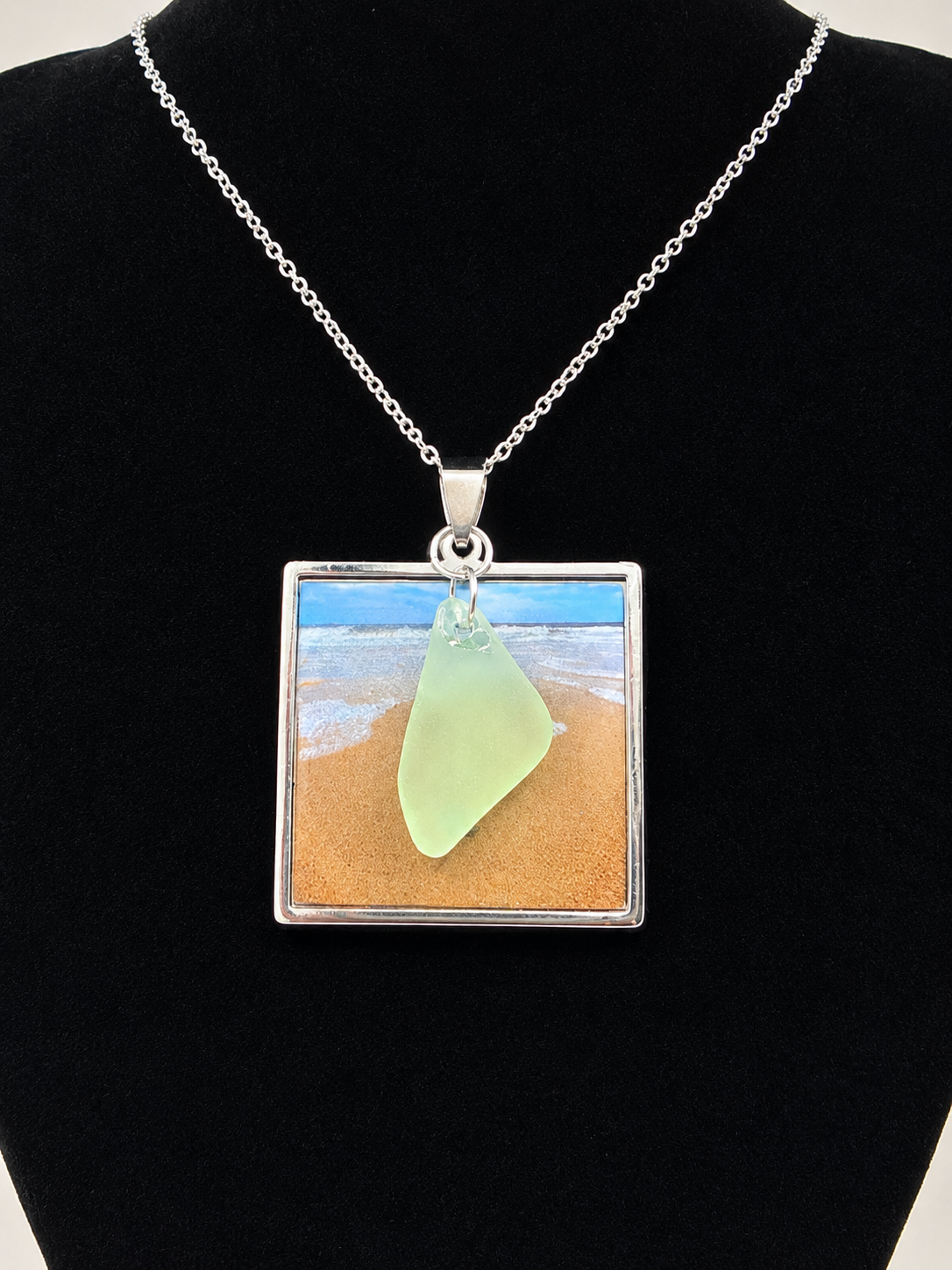Real Sea Glass Pendant Necklace with Found Location Beach Photo, Stainless Steel Chain and Bezel