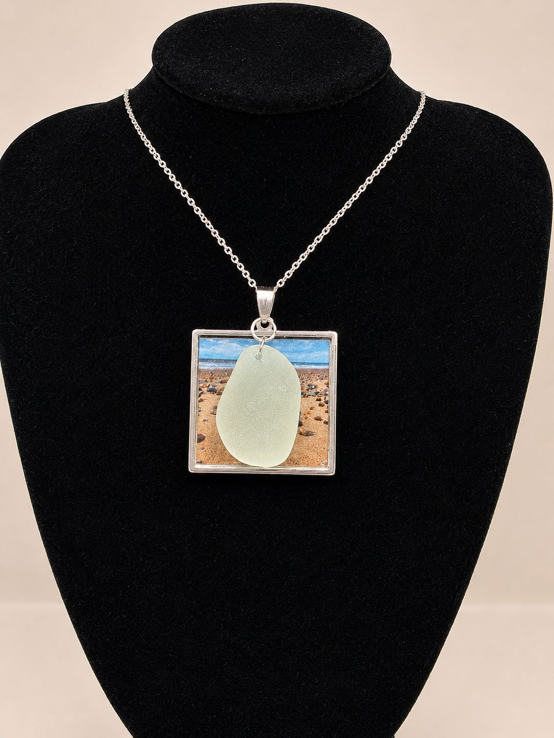 Real Sea Glass Pendant Necklace with Found Location Beach Photo, Stainless Steel Chain and Bezel