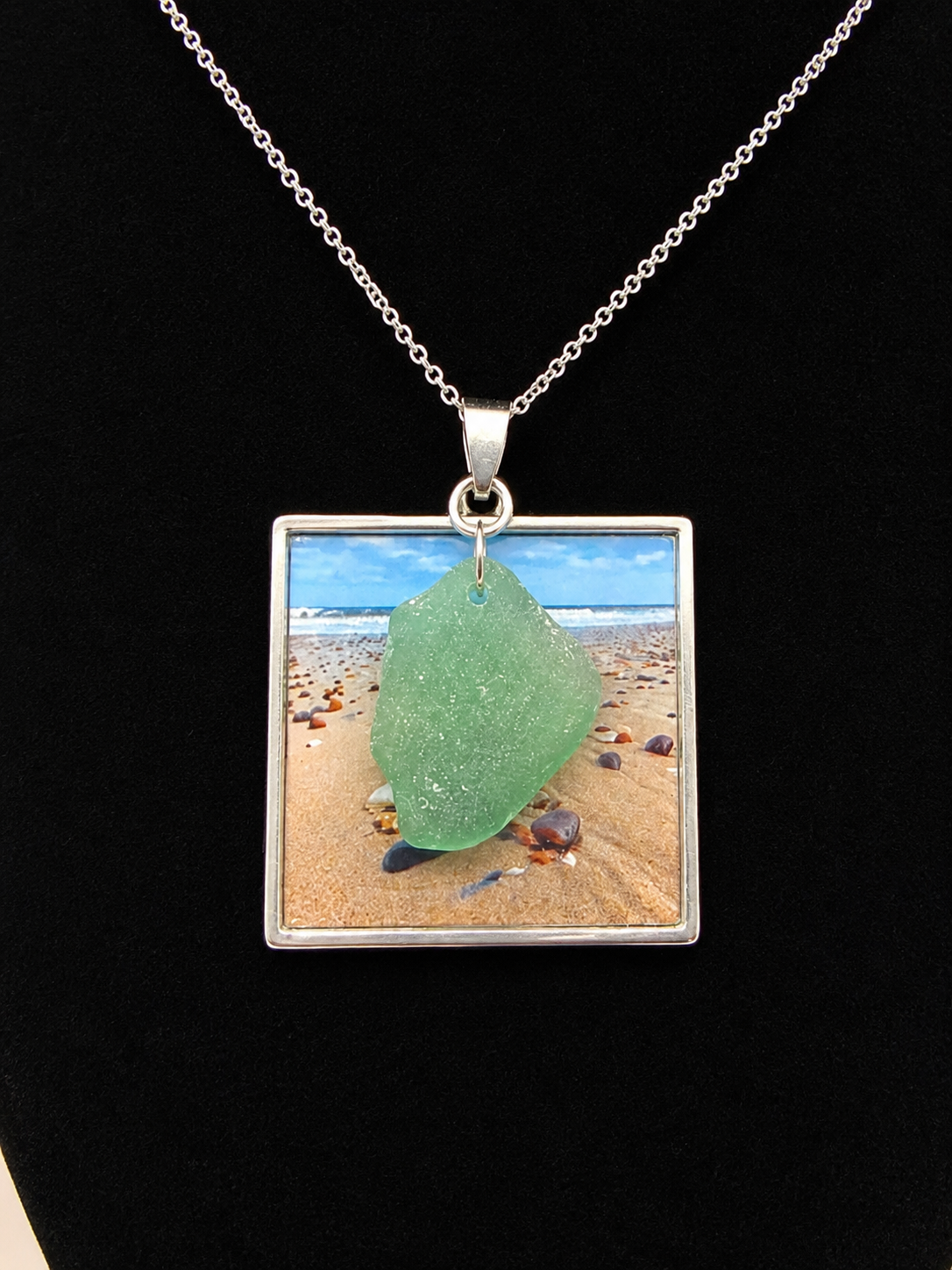 Real Sea Glass Pendant Necklace with Found Location Beach Photo, Stainless Steel Chain and Bezel