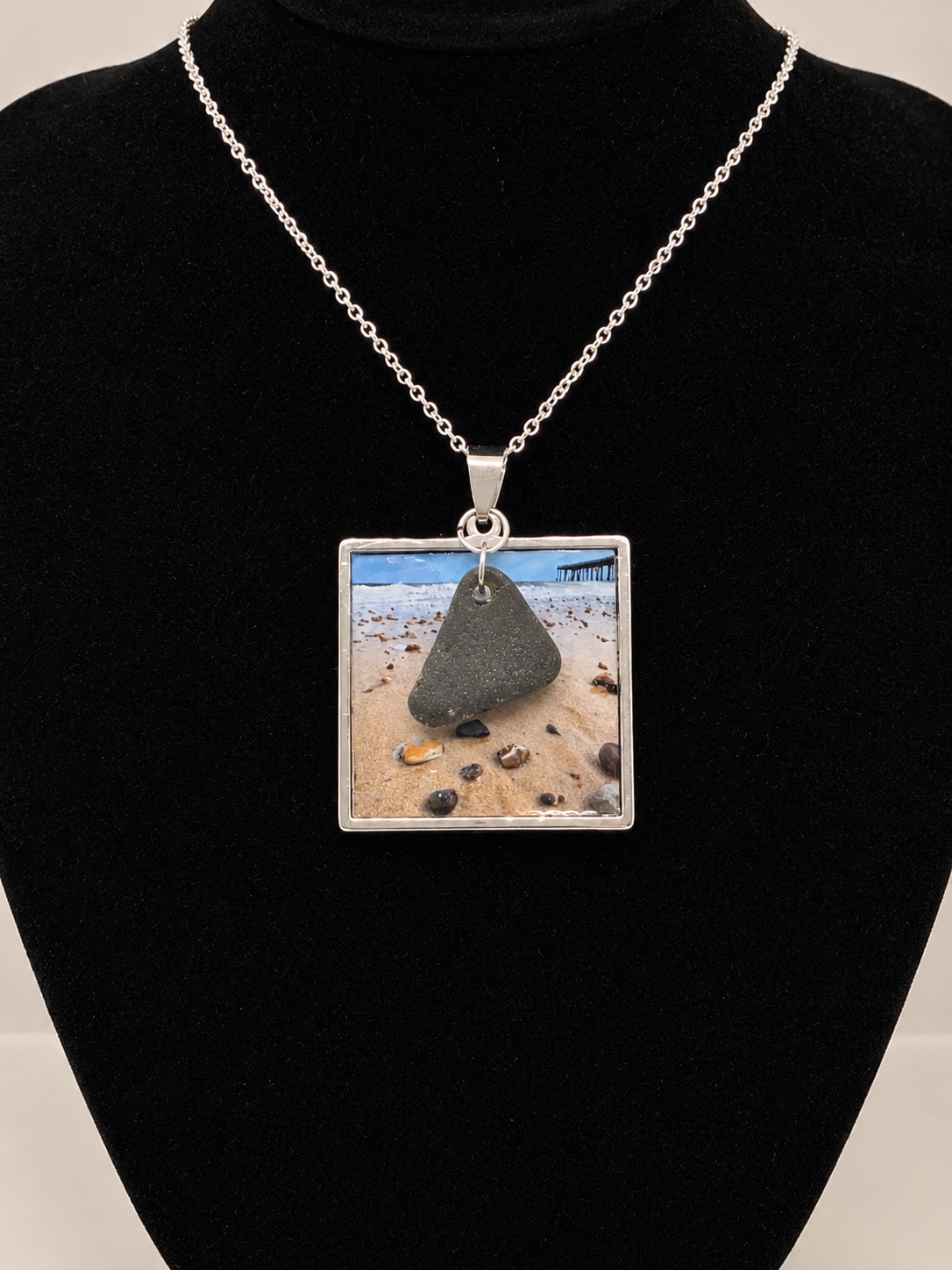 Real Sea Glass Pendant Necklace with Found Location Beach Photo, Stainless Steel Chain and Bezel