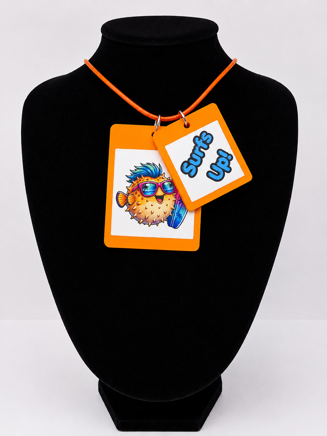 Fun Surfer Pufferfish Seaside Theme Lightweight Picture Necklace with Double Pendant. Surfs Up!