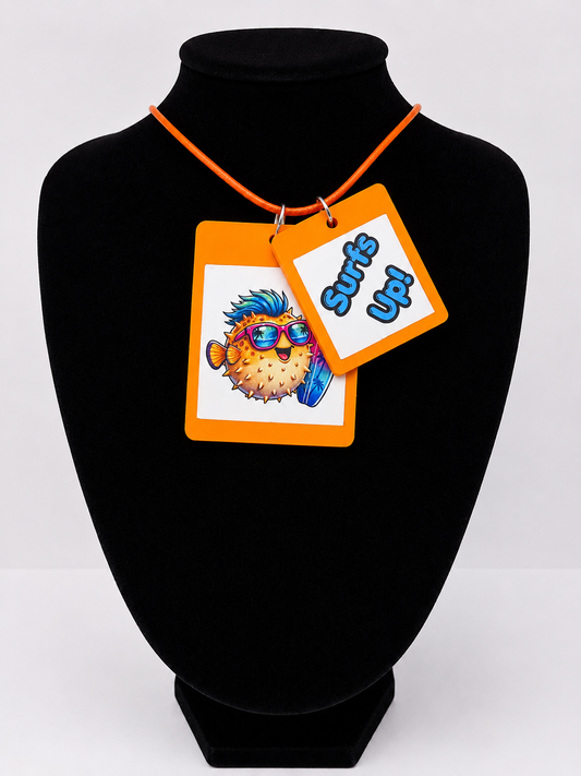 Fun Surfer Pufferfish Seaside Theme Lightweight Picture Necklace with Double Pendant. Surfs Up!