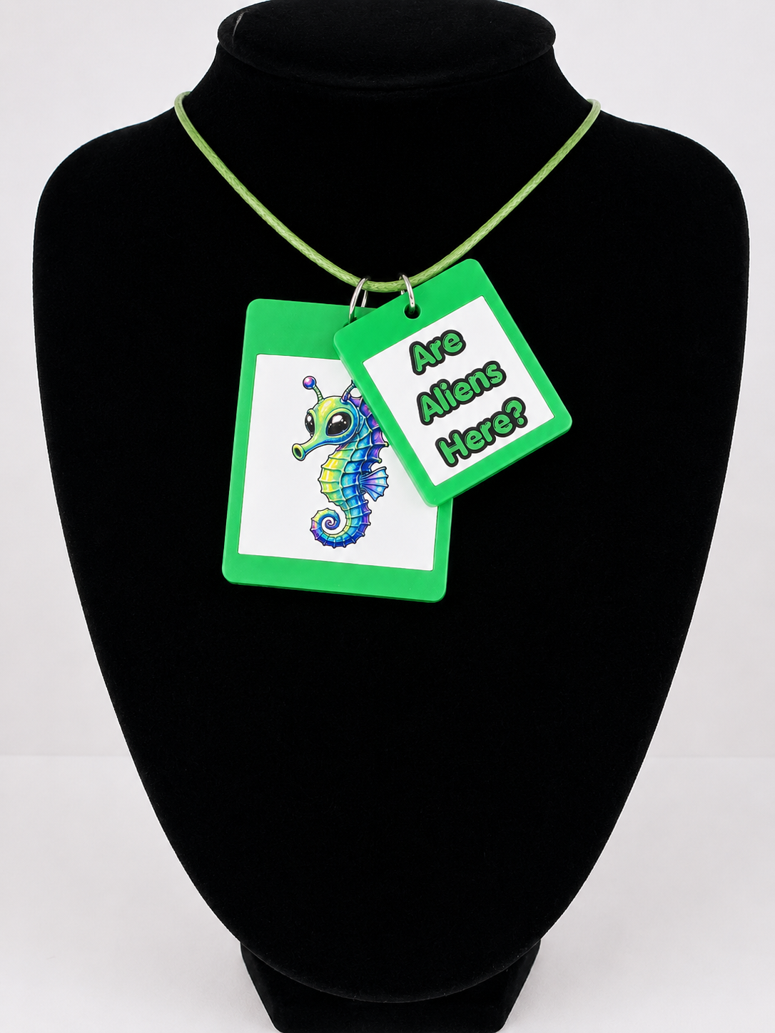 Fun Alien Seahorse Seaside Theme Lightweight Picture Necklace with Double Pendant. Are Aliens Here?