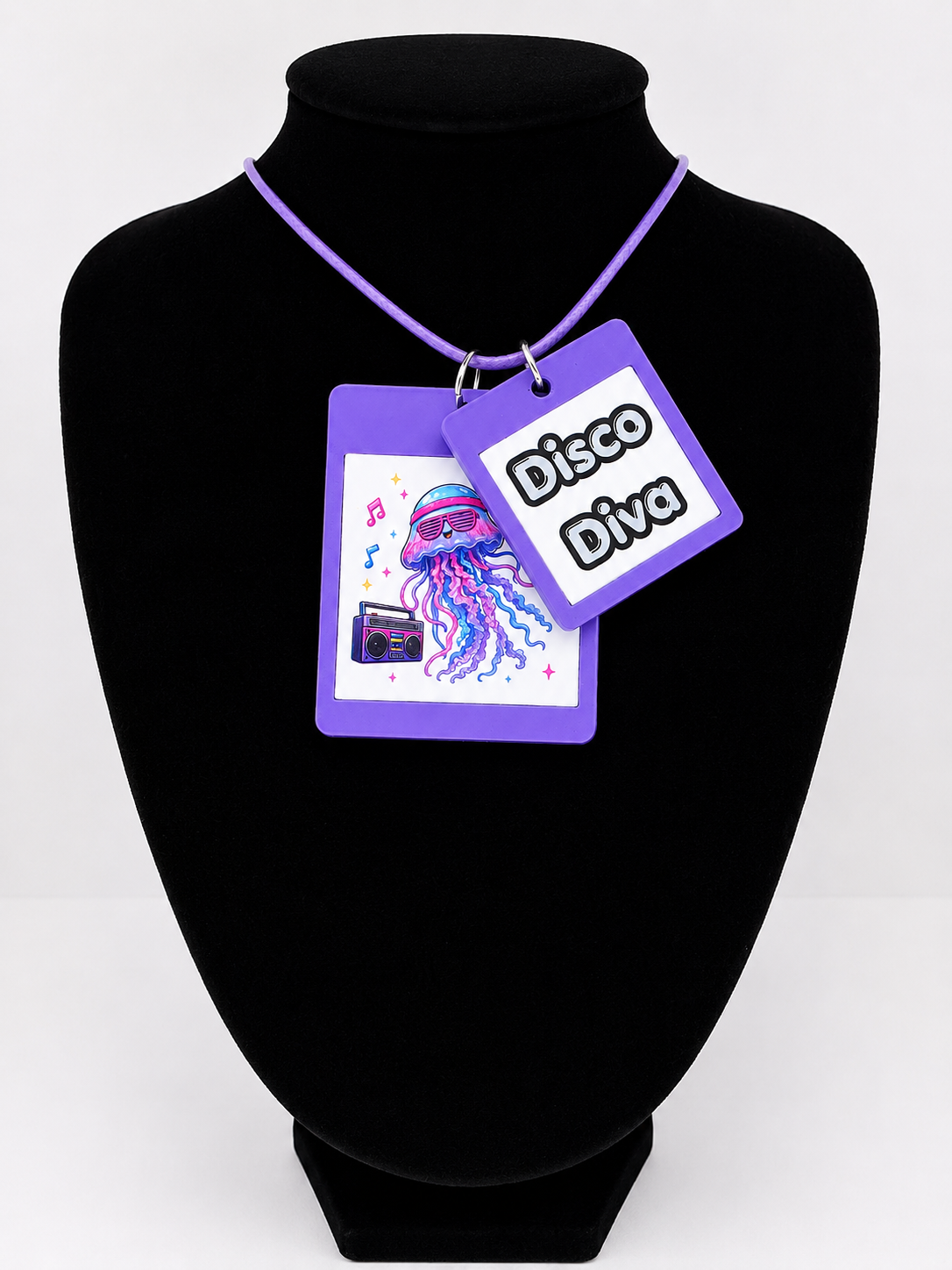 Fun Disco Jellyfish Seaside Theme Lightweight Picture Necklace with Double Pendant. Disco Diva