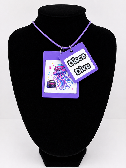 Fun Disco Jellyfish Seaside Theme Lightweight Picture Necklace with Double Pendant. Disco Diva