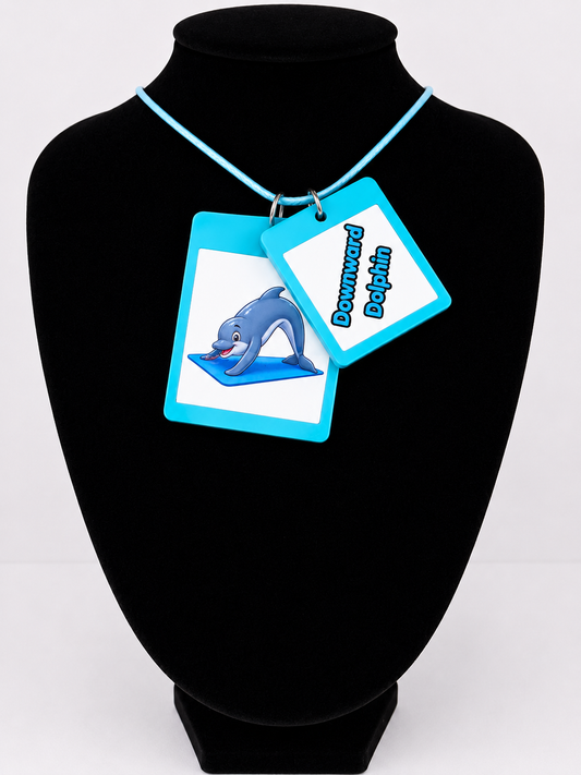 Fun Yoga Dolphin Seaside Theme Lightweight Picture Necklace with Double Pendant. Downward Dolphin