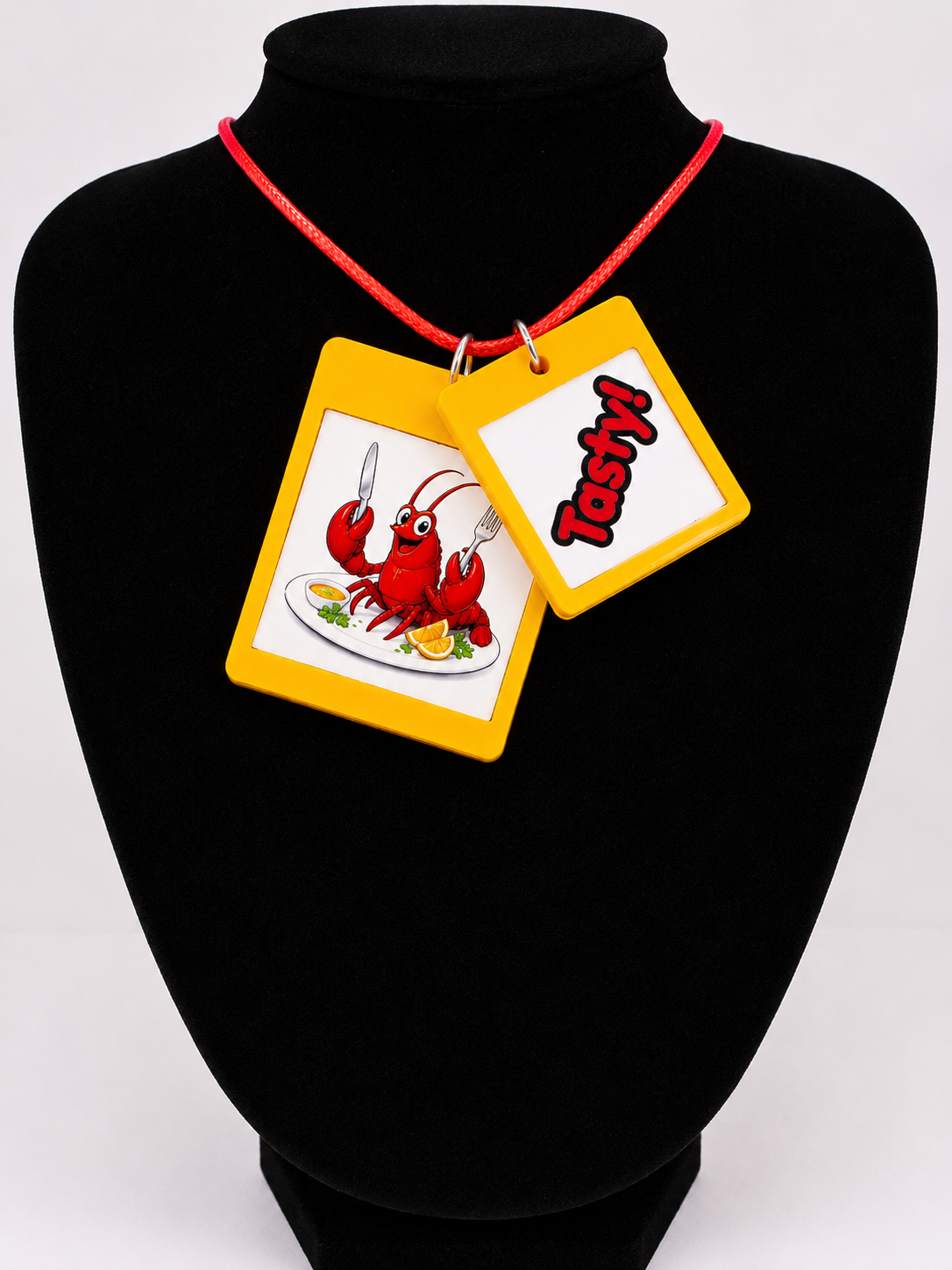 Fun Lobster Seaside Theme Lightweight Picture Necklace with Double Pendant. Tasty!
