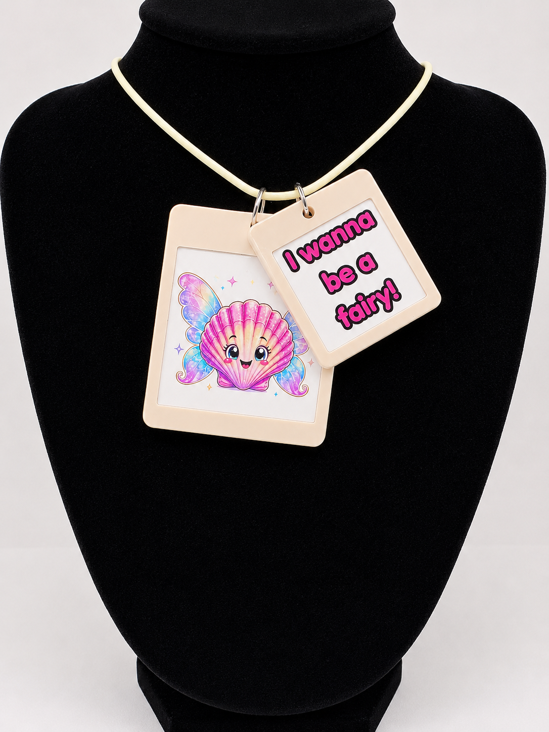 Fun Scallop Shell with Fairy Wings Seaside Theme Lightweight Picture Necklace with Double Pendant. I want to be a fairy