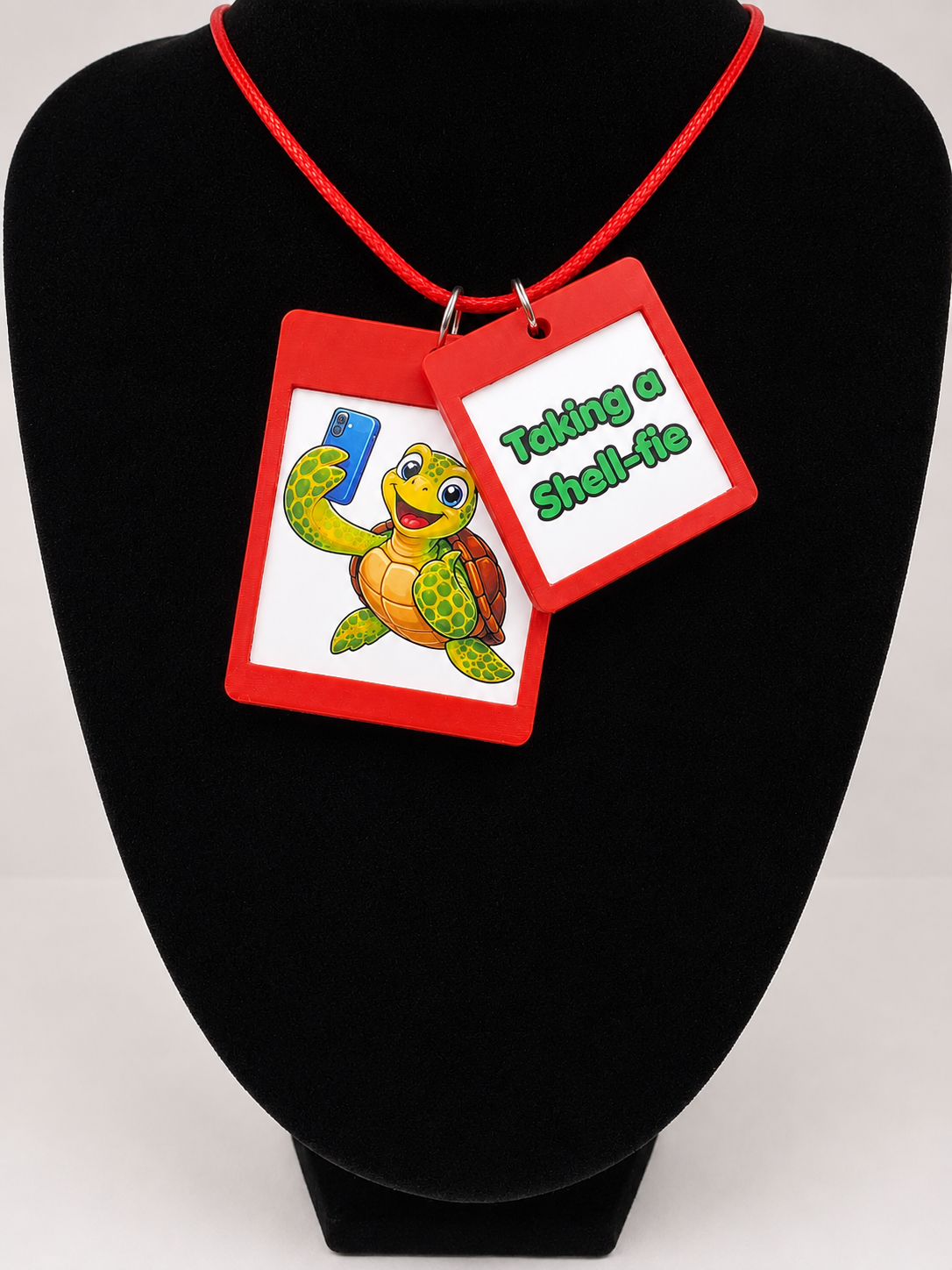 Fun Turtle Seaside Theme Lightweight Picture Necklace with Double Pendant. Taking a Shell-fie
