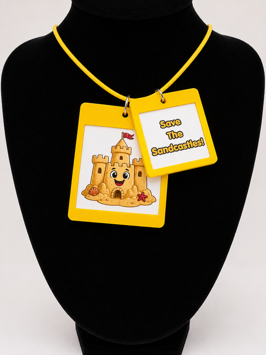 Fun Sandcastle Seaside Theme Lightweight Picture Necklace with Double Pendant. Save the Sandcastles