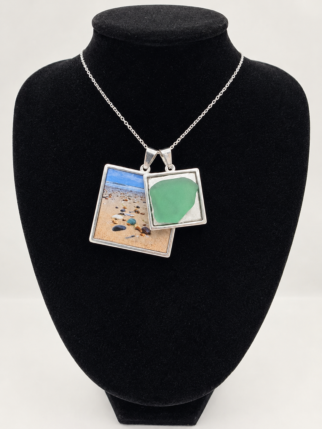 Sea glass and sea glass photo double pendant necklace featuring the actual found piece of sea glass in the photo
