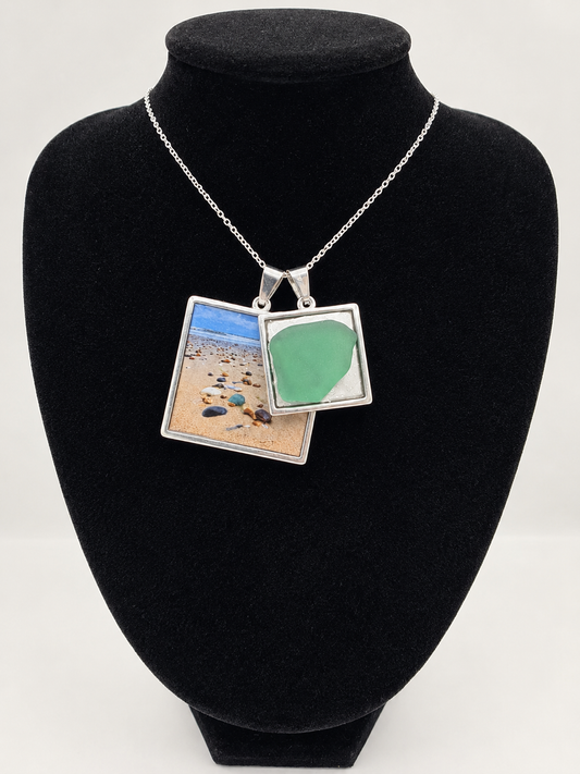Sea glass and sea glass photo double pendant necklace featuring the actual found piece of sea glass in the photo