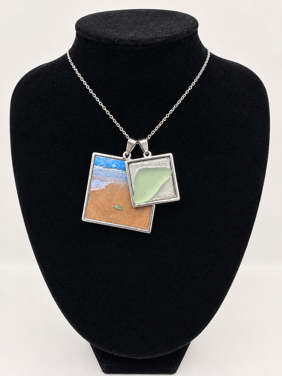 Sea glass and sea glass photo double pendant necklace featuring the actual found piece of sea glass in the photo