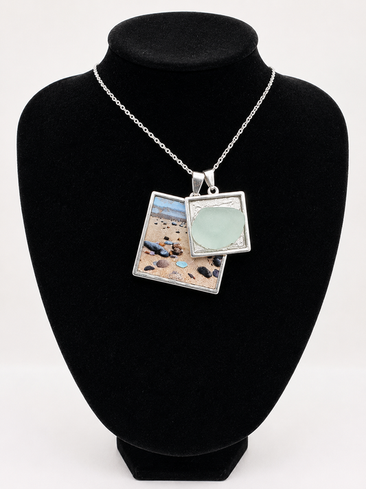 Sea glass and sea glass photo double pendant necklace featuring the actual found piece of sea glass in the photo