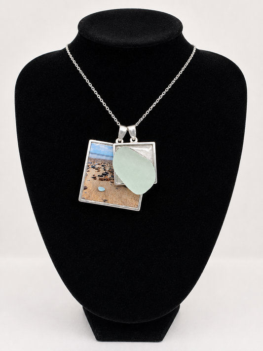 Sea glass and sea glass photo double pendant necklace featuring the actual found piece of sea glass in the photo