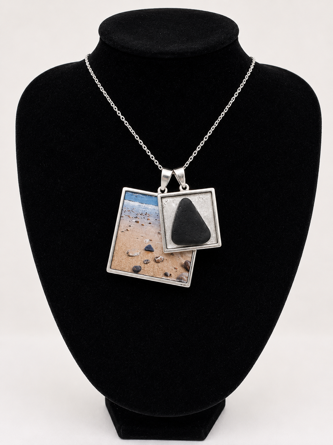 Sea glass and sea glass photo double pendant necklace featuring the actual found piece of sea glass in the photo