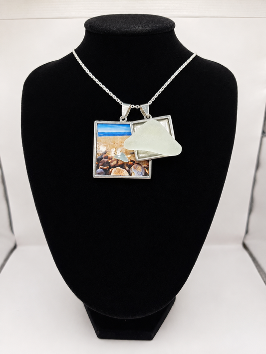 Sea glass and sea glass photo double pendant necklace featuring the actual found piece of sea glass in the photo