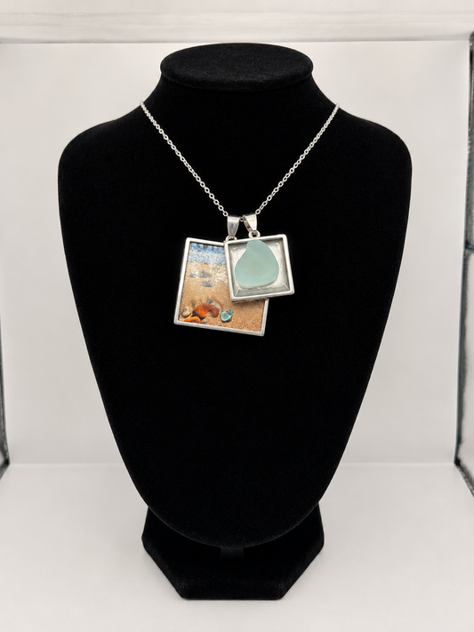 Sea glass and sea glass photo double pendant necklace featuring the actual found piece of sea glass in the photo