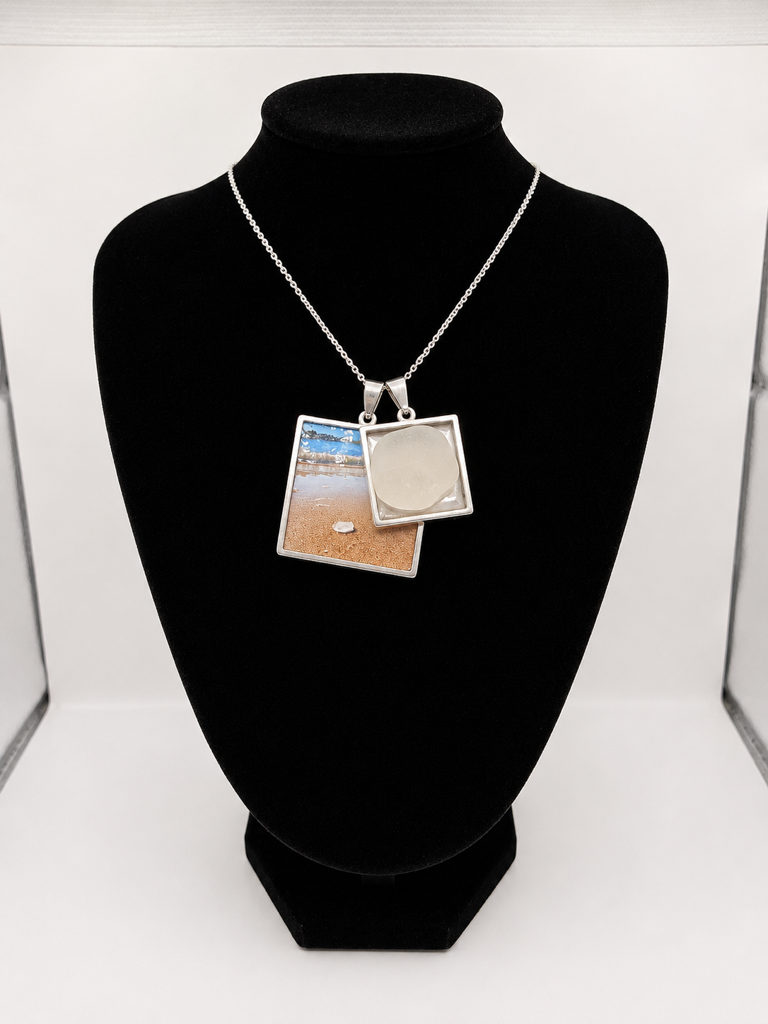 Sea glass and sea glass photo double pendant necklace featuring the actual found piece of sea glass in the photo