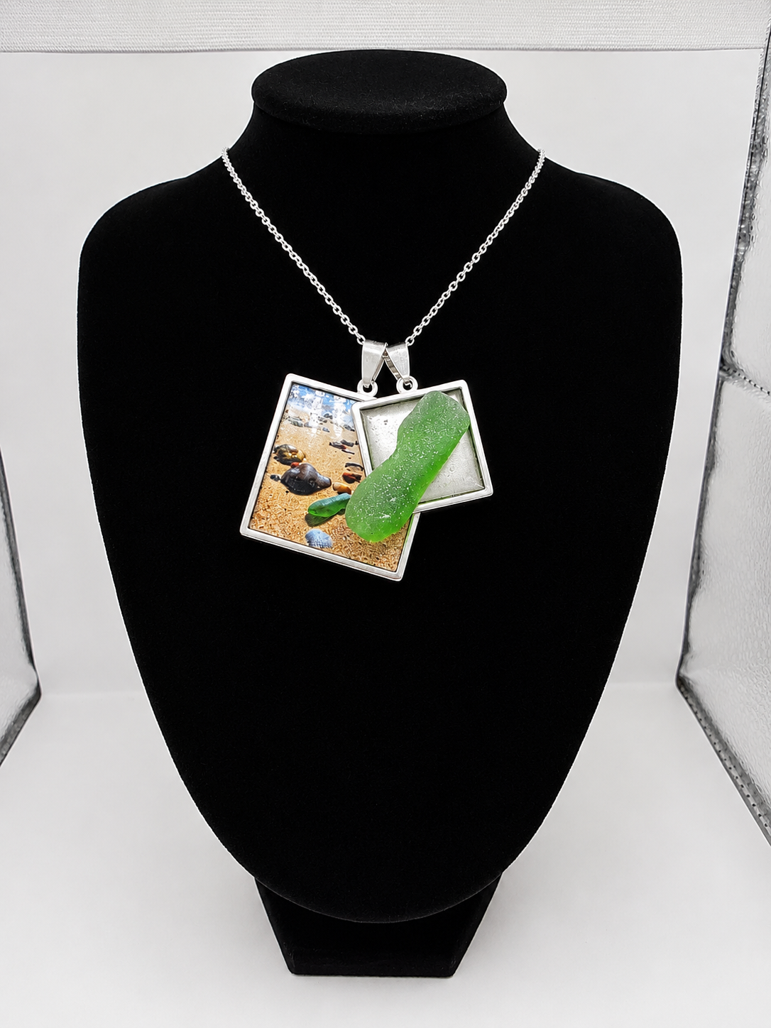 Sea glass and sea glass photo double pendant necklace featuring the actual found piece of sea glass in the photo