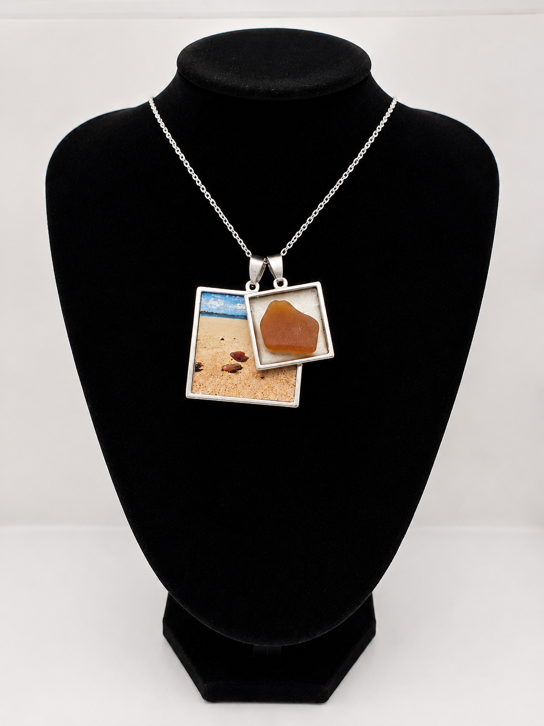 Sea glass and sea glass photo double pendant necklace featuring the actual found piece of sea glass in the photo