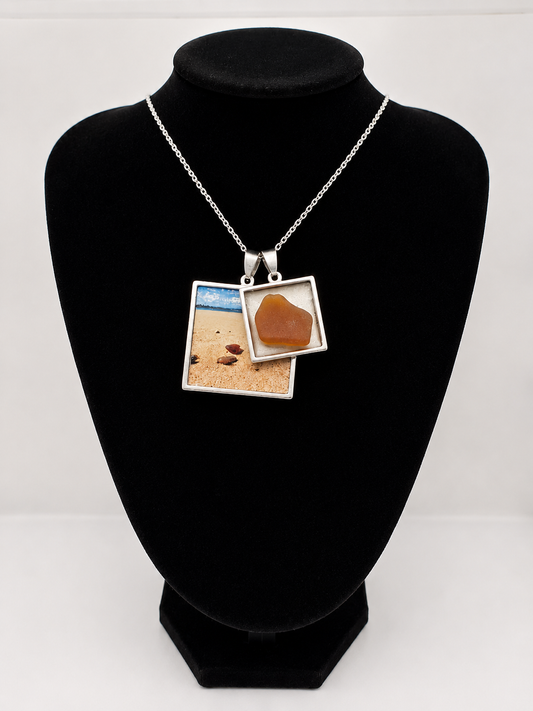 Sea glass and sea glass photo double pendant necklace featuring the actual found piece of sea glass in the photo