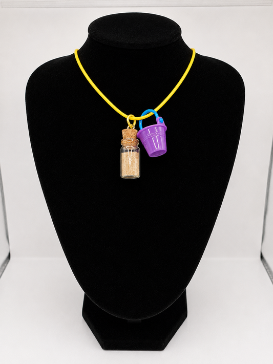 Bucket and real sand vial seaside theme double pendant necklace on adjustable coloured waxed cord