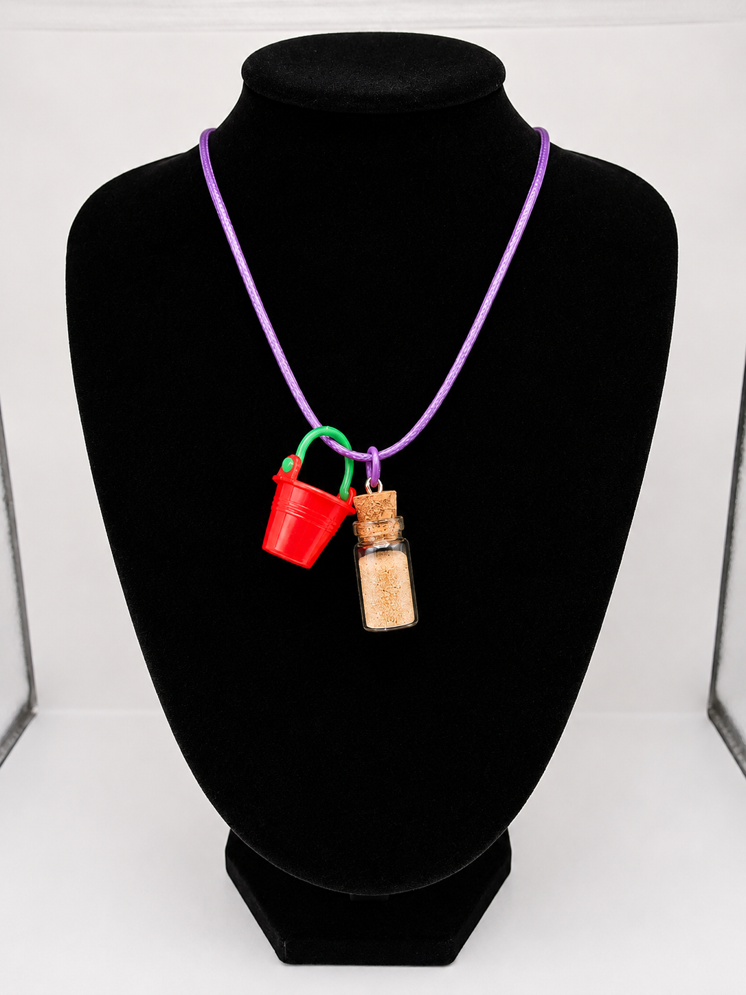Bucket and real sand vial seaside theme double pendant necklace on adjustable coloured waxed cord