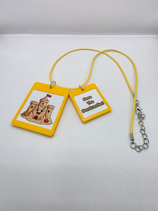 Fun Sandcastle Seaside Theme Lightweight Picture Necklace with Double Pendant. Save the Sandcastles