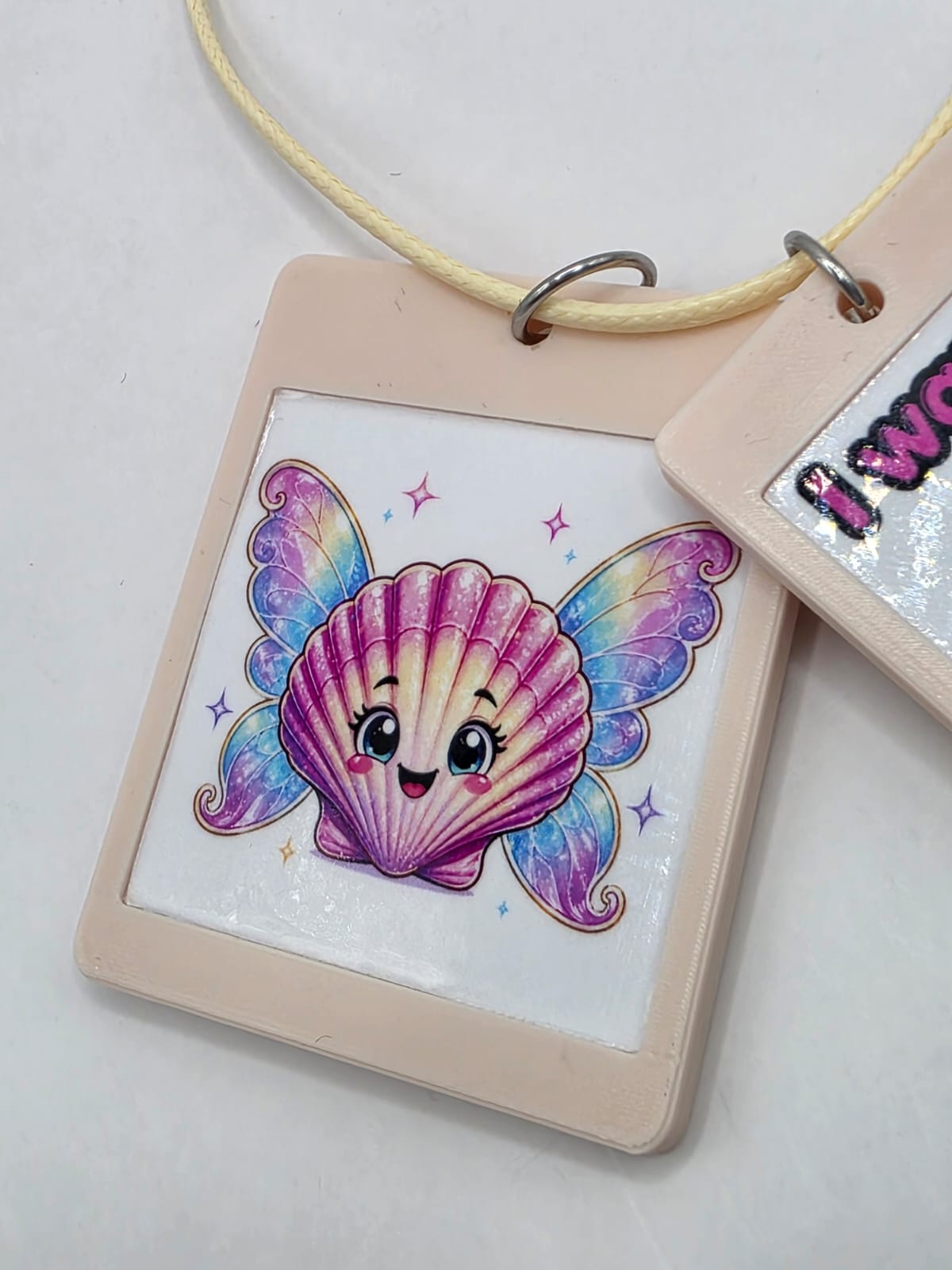 Fun Scallop Shell with Fairy Wings Seaside Theme Lightweight Picture Necklace with Double Pendant. I want to be a fairy